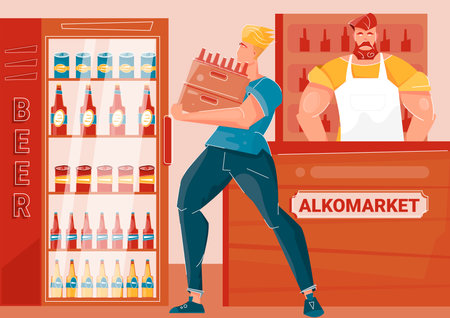 Courier bringing bottles of beer in alcohol market flat vector illustrationのイラスト素材