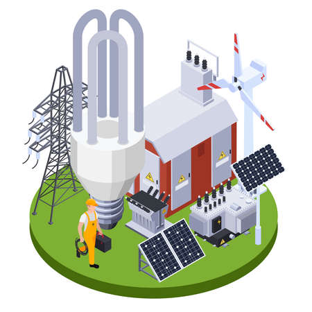 Electrician near electricity substation with solar panels and wind generator 3d isometric vector...