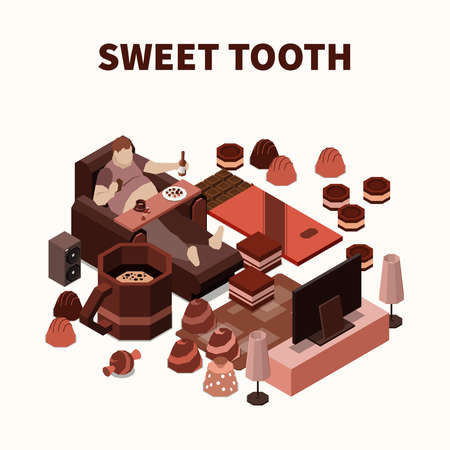 Sweet tooth isomeric background with fat man eating sweets and chocolate production vector illustrationのイラスト素材