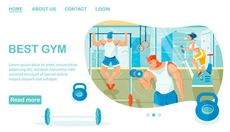 Flat web page with people doing sports cardio and weight trainings in gym vector illustrationのイラスト素材