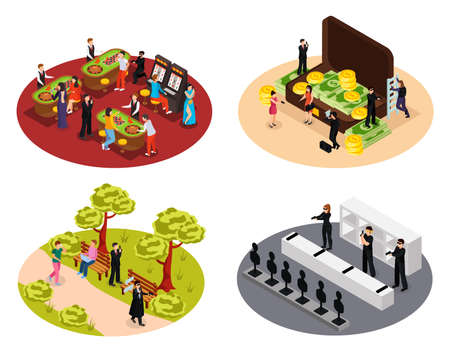 Special agent spy isometric 4x1 collection of isolated round compositions with covert operatives in various environments vector illustrationのイラスト素材