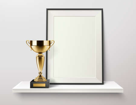 Trophy and frame realistic composition with golden cup and photo frame standing on white wall shelf vector illustrationのイラスト素材