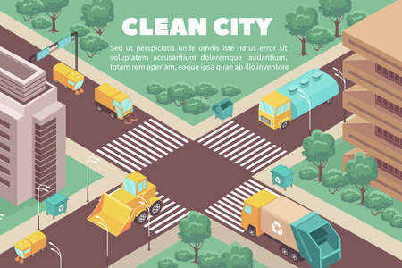 Isometric composition with garbage trucks and trash containers in streets of clean city 3d vector illustrationのイラスト素材