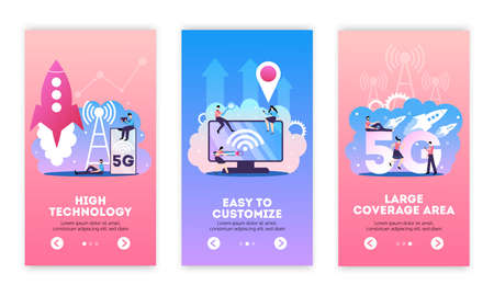 5g internet vertical banners set with editable text and flat compositions of mobile connection technology images vector illustrationのイラスト素材