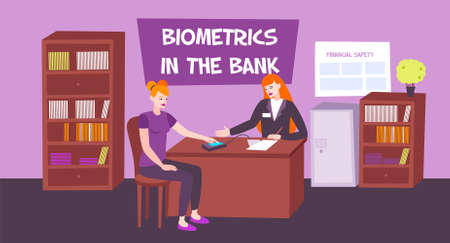 Biometric bank composition with indoor view of bank office with furniture and human characters with text vector illustrationのイラスト素材