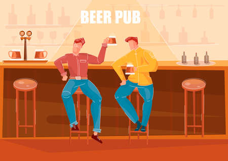 Two men drinking beer at bar counter in pub flat vector illustrationのイラスト素材