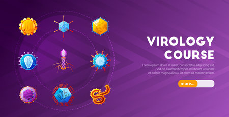 Online introductory virology course horizontal web landing page banner with colorful viruses icons purple background vector illustrationのイラスト素材
