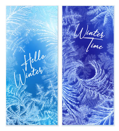 Frost window vertical banners set with winter symbols realistic isolated vector illustrationのイラスト素材