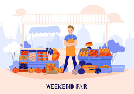 Fruits vegetables greens seller composition with human character in front of fruits stall with market background vector illustrationのイラスト素材