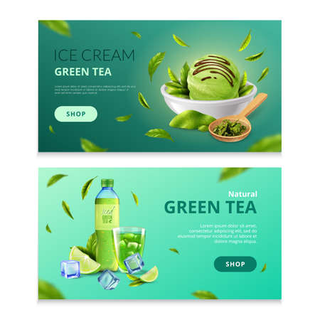 Green tea banners  with bottle of  iced  beverage and saucer of ice cream isolated vector illustrationのイラスト素材