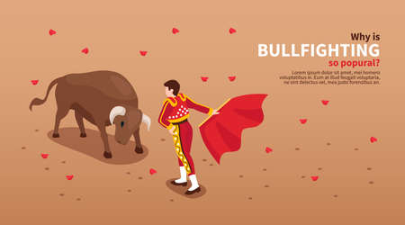 Isometric bullfight horizontal banner with view of field with bull and toreador characters and editable text vector illustrationのイラスト素材