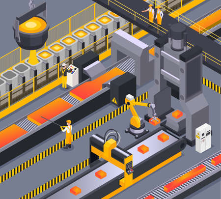 Isometric background with steel foundry workers and metalworking process 3d vector illustrationのイラスト素材