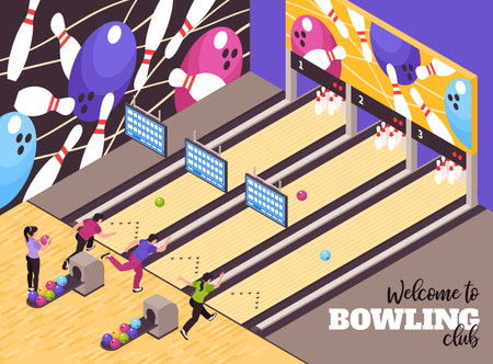 Bowling alley party center lounge  welcoming clients isometric advertisement poster with club members playing game vector illustrationのイラスト素材