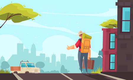 Man with backpack and suitcase hitchhiking and truck driving along road cartoon vector illustrationのイラスト素材