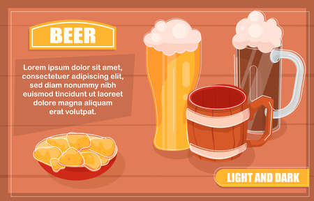 Flat banner with glasses of light and dark beer and snack vector illustrationのイラスト素材