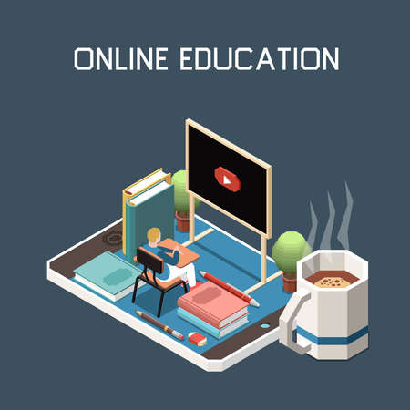 Online education abstract background with male character sitting at desk on big smartphone and looking at blackboard with start video icon isometric vector illustrationのイラスト素材