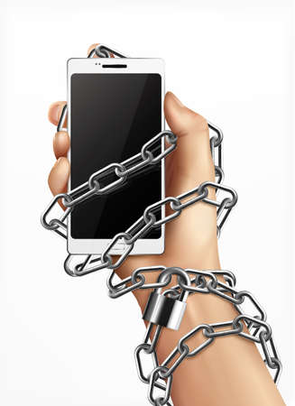 Smartphone addiction realistic design concept with human hand wrapped in  chain and holding gadget vector illustrationのイラスト素材