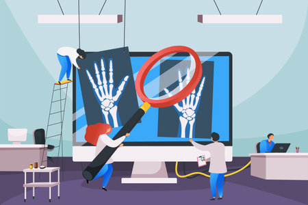 Medical center flat composition with desktop computer among doctors workplaces and shadow photographs of human bones vector illustrationのイラスト素材