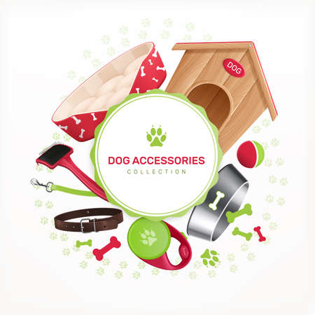 Dog accessories decorative round frame composition with kennel collar tools for grooming realistic vector illustrationのイラスト素材