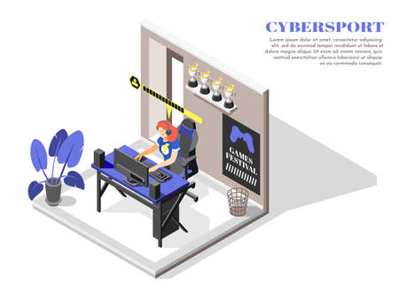Cybersport isometric and colored composition isolated room with gaming computer and girl vector illustrationのイラスト素材