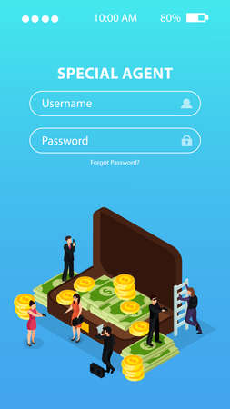 Special agent spy isometric background of smartphone app with sign in fields and suitcase with money vector illustrationのイラスト素材