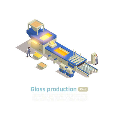 Modern glass container factory hot end production line isometric composition with  furnace batch processing system vector illustrationのイラスト素材