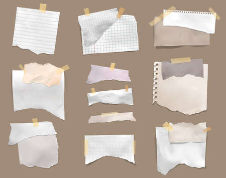 Ripped torn pieces checked pages lined paper stick with adhesive tape to cardboard realistic set vector illustrationのイラスト素材