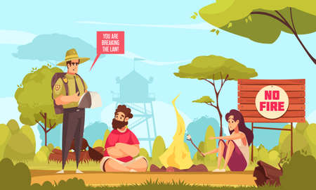 Cartoon background with forest ranger and two people breaking law making fire in forest vector illustrationのイラスト素材