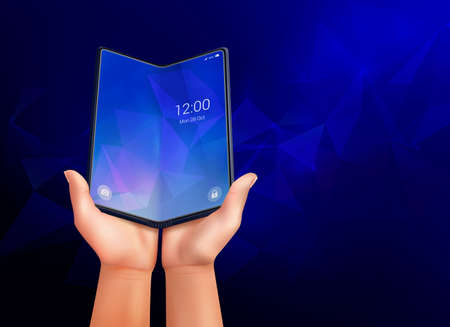 Foldable smartphone realistic composition with dark blue ambient background and open phone laying in human hands vector illustrationのイラスト素材