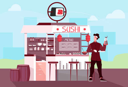 Sushi shop people flat composition with outdoor scenery and cityscape with restaurant stall and human character vector illustrationのイラスト素材