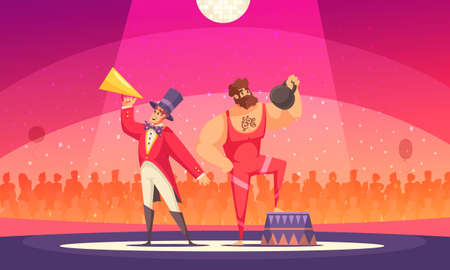Strongman with weight piece and show presenter at circus cartoon vector illustrationのイラスト素材