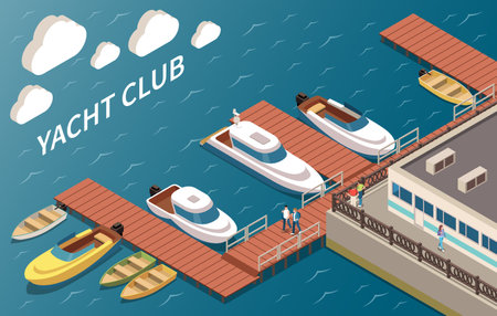 Luxury yacht club sailing and motor boats mooring facilities building corner ocean view isometric composition vector illustrationのイラスト素材