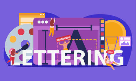Graphic design flat colored composition with big word lettering and abstract tools for creation vector illustrationのイラスト素材