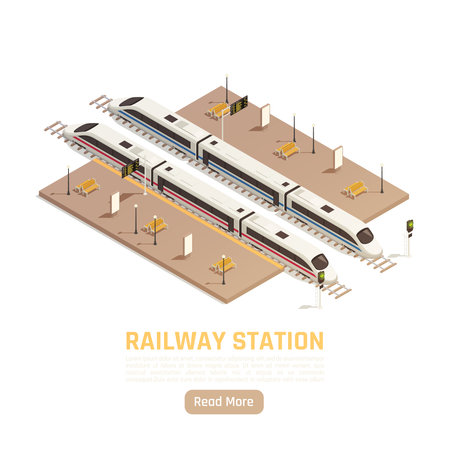 Train railway station isometric background with read more button editable text and platforms with intercity trains vector illustrationのイラスト素材