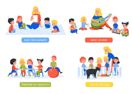 Set of four isolated kindergarten compositions with editable text and human characters of kids with teachers vector illustrationのイラスト素材
