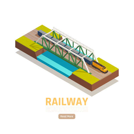 Train railway station isometric background with editable text read more button and train passing river bridge vector illustrationのイラスト素材