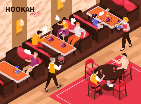 Isometric hookah cafe composition with text and indoor view of tobacco restaurant with sitting...