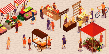People buying vegetables fruit honey cheese bread flowers jam at farm market 3d isometric vector illustrationのイラスト素材