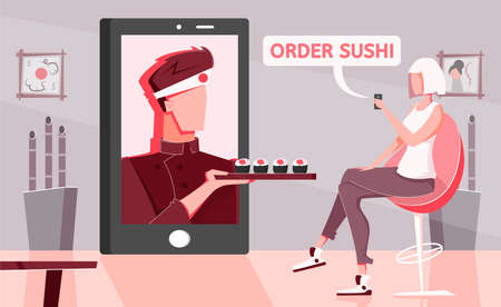 Sushi online flat composition with home scenery and female character ordering asian food with smartphone screen vector illustrationのイラスト素材