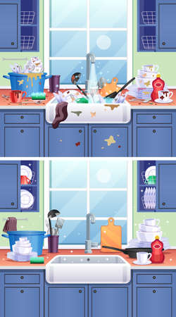 Dirty kitchen composition with plates cups and ladle flat vector illustrationのイラスト素材
