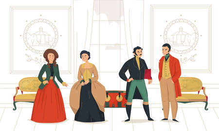 18th 19th century victorian people fashion composition with indoor scenery of aristocratic saloon with medieval people vector illustrationのイラスト素材