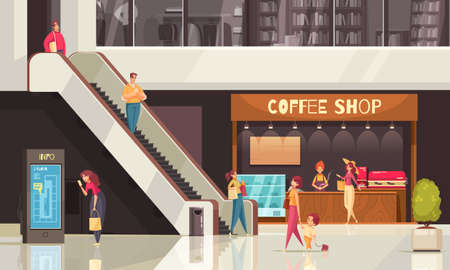 Colored flat shopping escalator composition with coffee shop and other shops around vector illustrationのイラスト素材