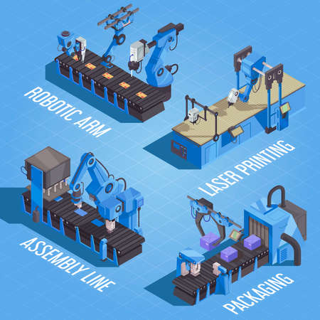 Isometric robot automation composition with robotic arm laser printing assembly line and packaging descriptions vector illustrationのイラスト素材