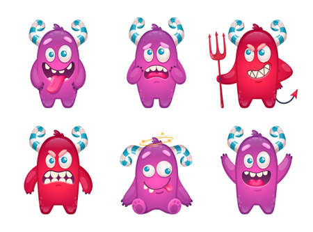 Cartoon monster emoticons set with funny doodle characters of crazy childish beasts isolated on blank background vector illustrationのイラスト素材