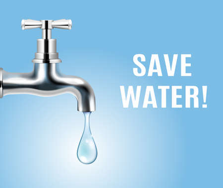 Save water advertising ecology concept background with drop of water coming out of tap realistic vector illustrationのイラスト素材