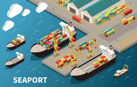 Seaport terminal isometric composition with loading unloading container vessels cargo carriers cranes freight transport warehouse vector illustrationのイラスト素材