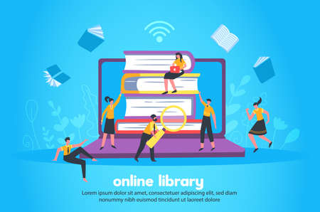 Online library with stack of books and notebook big images wi fi sign and small people figurines vector illustrationのイラスト素材