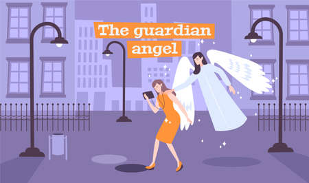 Young lady walking deserted street gets message guardian angel sending her through touch flat composition vector illustrationのイラスト素材