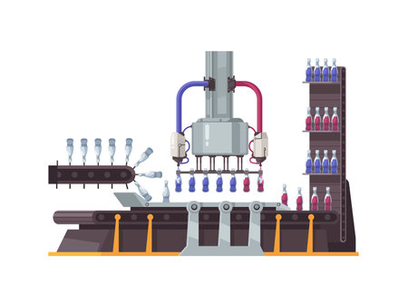 Automated robotic plant equipment filling bottles flat vector illustrationのイラスト素材