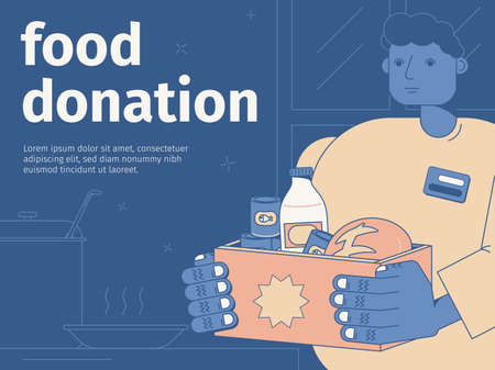 Food donation flat background with man holding box with products vector illustrationのイラスト素材